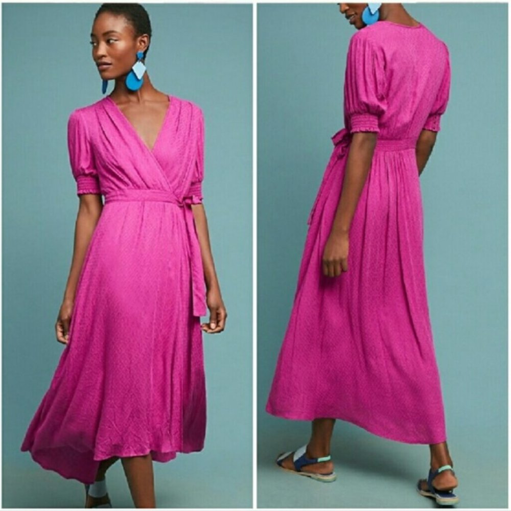 Anthropologie Maeve Breanna Wrap Midi Dress Size 8 Pink Short Sleeve V-neck